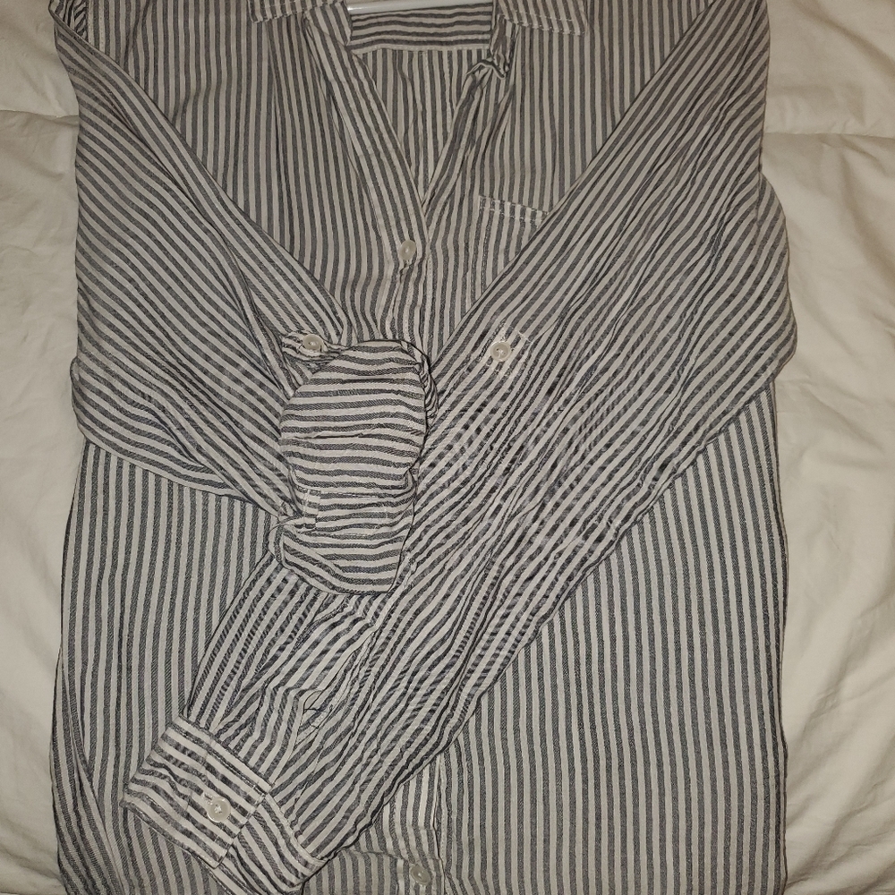 Gray and white striped button down top